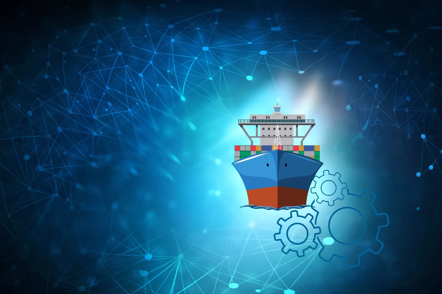 Illustration of a cargo ship with gear icons representing ship maintenance planning